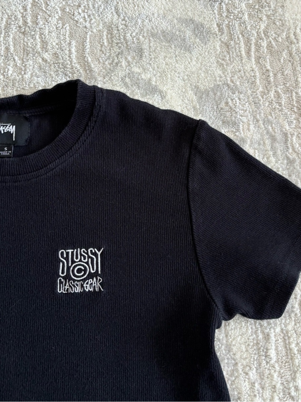 Stussy Womens Ribbed Black Short Sleeve Tee with White Chest Logo - Picture 5 of 7